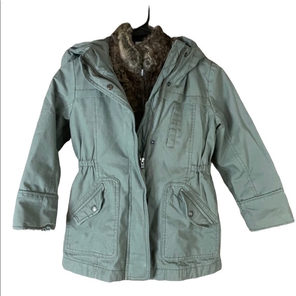 Gap Kids olive green 3 in 1 army hooded jacket faux fur vest lining Size Small
